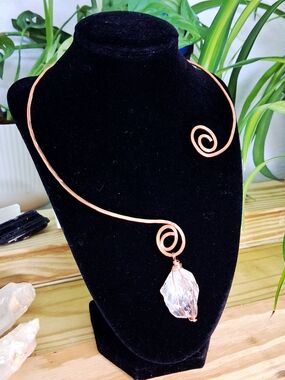 Hammered Copper Statement Necklace With Clear Quartz Pendant